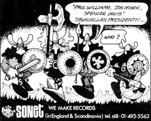 Advertisement for Tasavallan Presidentti. Rod Buckle of Sonet Records gave a lot of work to Plastic Dog Graphics.